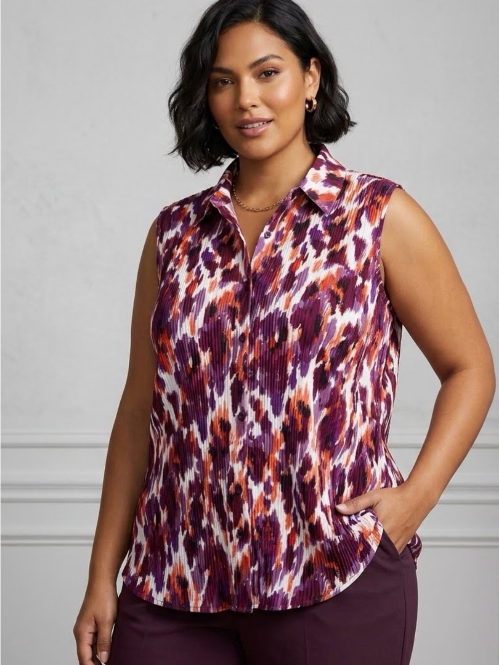 Maggie Barnes Top Women's‎ Sleeveless Button Up Tunic Purple 3X 26/28W